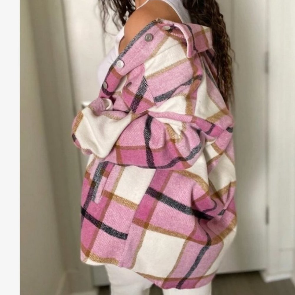 Casual Plaid Flap Pocket detailed button down pink Overshirt - Picture 3 of 16